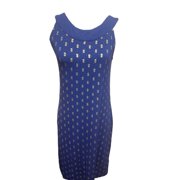 Charlie Paige Blue Summer Dress with Golden Pineapple Designs - Size S - Picture 1 of 5